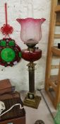VICTORIAN RUBY OIL LAMP AND SHADE