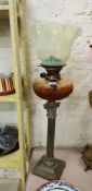 ANTIQUE OIL LAMP WITH AMBER BOWL AND VASELINE SHADE
