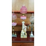 LARGE GREEK STYLE FIGURE OIL LAMP, PAINTED BOWL AND RUBY SHADE