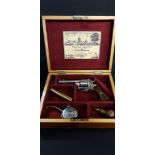 CASED 1893 7MM 6 SHOT PIN FIRE REVOLVER IN PRISTINE CONDITION WITH ALL NICKEL PLATING INTACT.