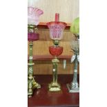 ANTIQUE BRASS 4 COLMN OIL LAMP RUBY BOWL AND SHADE