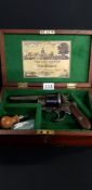 CASED 9MM RARE POLICE REVOLVER IN VERY FINE CONDITION AND WITH EXCELLENT GRIPS AND LANYARD RING.
