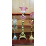 LARGE ANTIQUE BRASS OIL LAMP RUBY AND VASELINE BOWL WITH RUBY SHADE