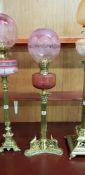ANTIQUE BRASS OIL LAMP RUBY BOWL AND SHADE