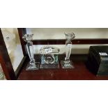 ART DECO STYLE CRYSTAL CLOCK AND MATCHING CANDLESTICKS