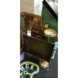 FIRE SCREEN, BRASS MIRRORED COAT RACK AND SMOKE STAND