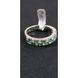 18CT EMERALD AND DIAMOND HALF HOOP RING SIZE O