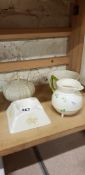 2 BELLEEK CREAM JUGS, SUGAR BOWLS AND ASHTRAY