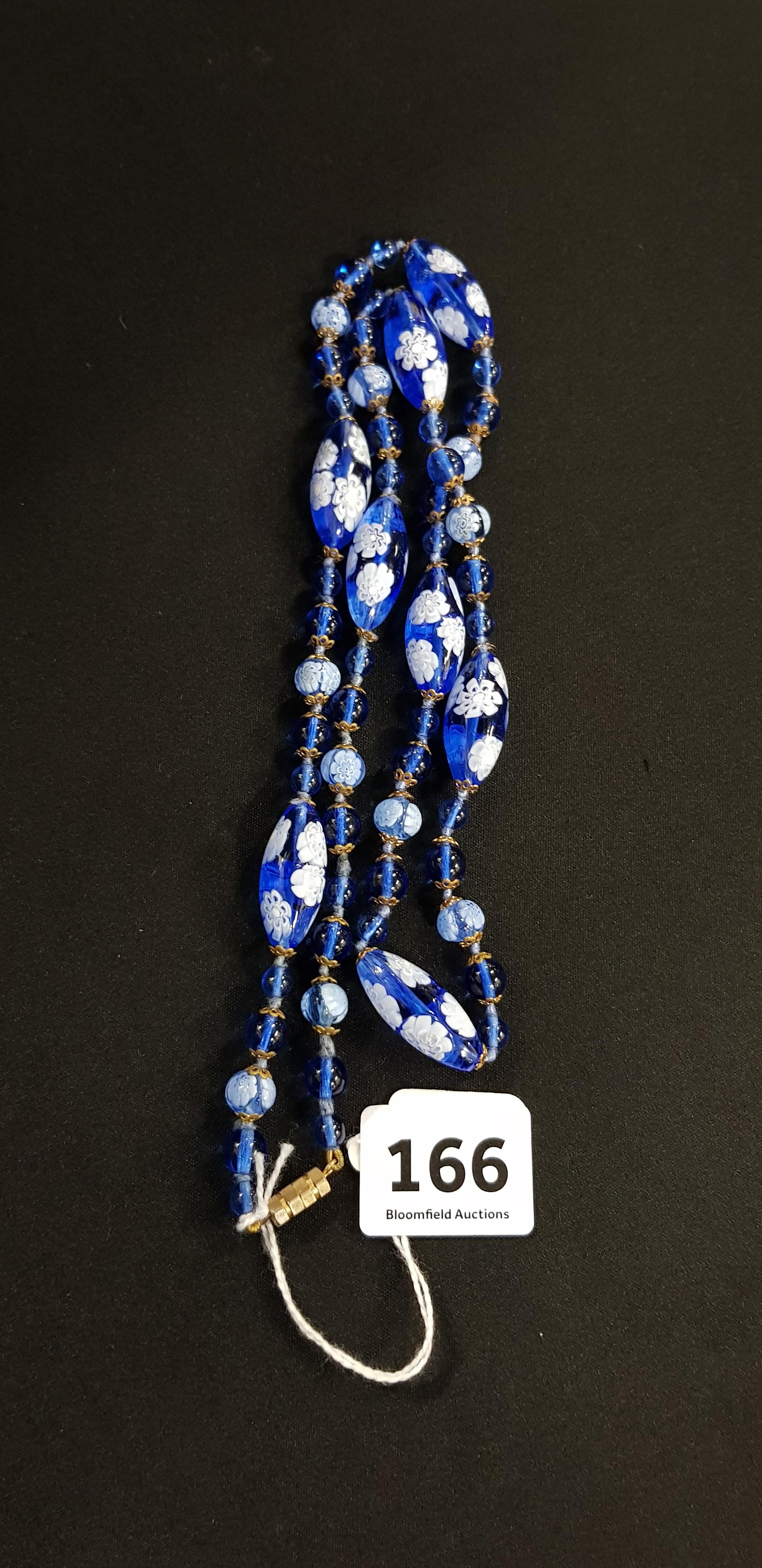 1920'S ART DECO VENETIAN MURANO MILLEFIORI BLUE GLASS GRADUATED BEAD 15' NECKLACE