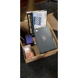 BOX LOT TO INCLUDE CHESS GAME, DECANTER ETC