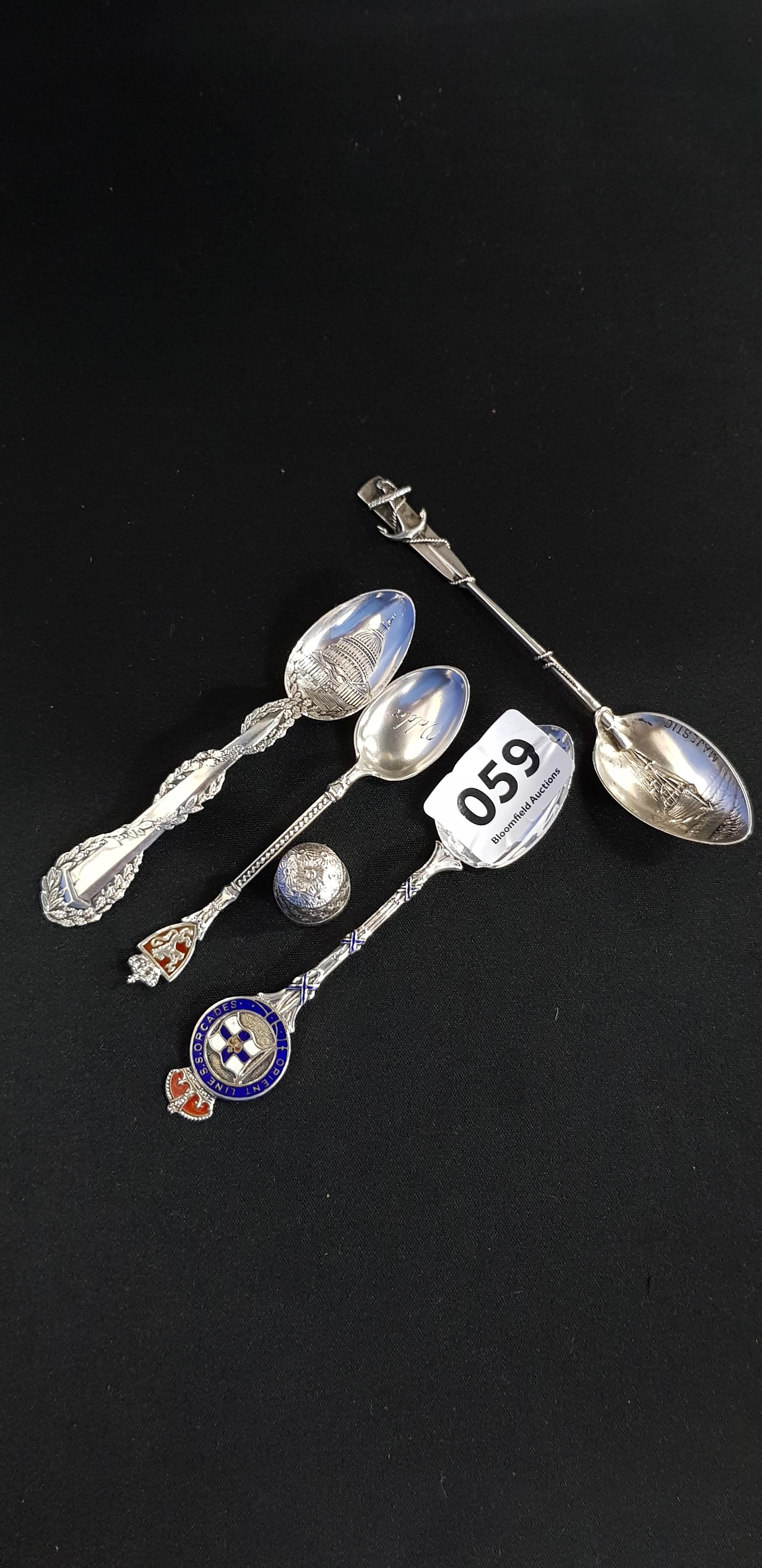 4 SILVER SPOONS AND SILVER THIMBLE
