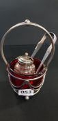 RED GLASS AND EP BASKET, CRUET AND SILVER TONGS
