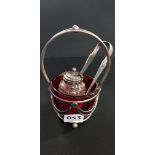 RED GLASS AND EP BASKET, CRUET AND SILVER TONGS