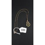 EDWARDIAN 9CT GOLD PERIDOT AND SEED PEARL PENDANT ON 9CT GOLD CHAIN