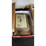 BOX OF OLD WATERCOLOURS ETC