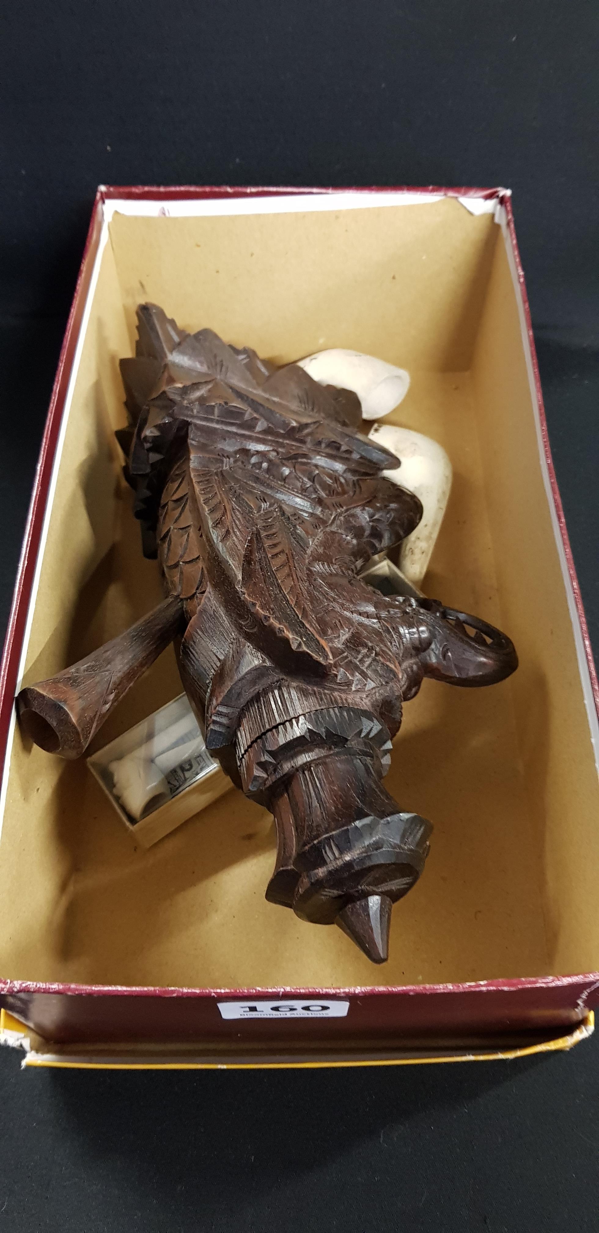 LARGE WOODEN CHINESE DRAGON SMOKING PIPE AND 5 CLAY SMOKING PIPES