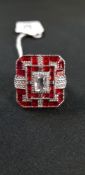 HEAVY SILVER ART DECO STYLE GEOMETRIC ENAMEL RING