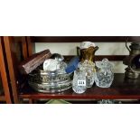 SHELF LOT TO INCLUDE EPNS, HAMMERSLEY GLASSWARE AND LUSTRE JUG