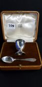 SILVER EGG CUP AND SPOON SET IN FITTED CASE