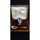 SILVER EGG CUP AND SPOON SET IN FITTED CASE