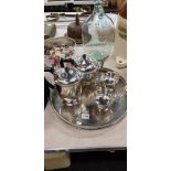 ANTIQUE SILVER PLATE TEA AND COFFEE SERVICE WITH TRAY