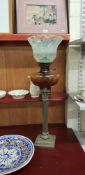 ANTIQUE OIL LAMP WITH AMBER BOWL & VASELINE SHADE