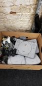 4 SONY PLAYSTATION PS1 CONSOLES PLUS CONTROLLERS AND VARIOUS CONNECTION CABLES