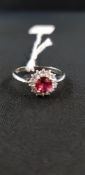 SILVER ROUND CUT SYNTHETIC RUBY & CZ RING