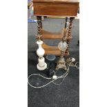 2 OLD TABLE LAMPS AND IRON CANDLE STAND