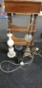 2 OLD TABLE LAMPS AND IRON CANDLE STAND