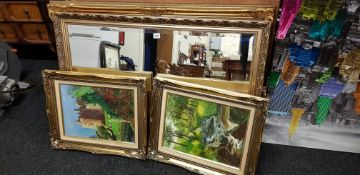 QUANTITY OF GILT FRAMED PRINTS, PAINTINGS AND MIRROR