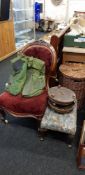VICTORIAN SPOONBACK CHAIR, 2 VICTORIAN STOOLS & 1 OTHER