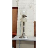 SILVER PLATE OIL LAMP (CHIP ON SHADE)