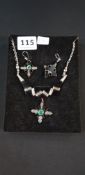 SILVER HORN GREEN STONE NECKLACE, PENDANT AND EARRINGS