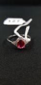 SILVER OVAL CUT SYNTHETIC RUBY & CZ RING
