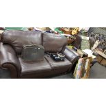 BROWN LEATHER SETTEE, ARMCHAIR AND FOOTSTOOL