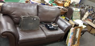 BROWN LEATHER SETTEE, ARMCHAIR AND FOOTSTOOL
