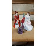 DOULTON FIGURE, 2 COALPORT FIGURES AND AMETHYST BIRD FIGURE