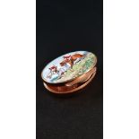 HEAVY, STUNNING & RARE 9 CARAT GOLD PILL BOX WITH ENAMELLED HUNTING SCENE TO LID