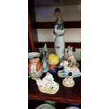 SHELF LOT OF FIGURES TO INCLUDE LLADRO AND DOULTON