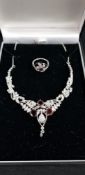 SILVER CRYSTAL AND GARNET SET NECKLACE WITH MATCHING RING (BOXED)