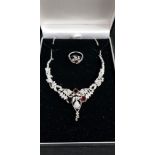 SILVER CRYSTAL AND GARNET SET NECKLACE WITH MATCHING RING (BOXED)