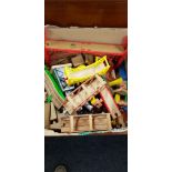 BOX LOT OF WOODEN TRAIN SET, TRACK AND BRIDGES ETC