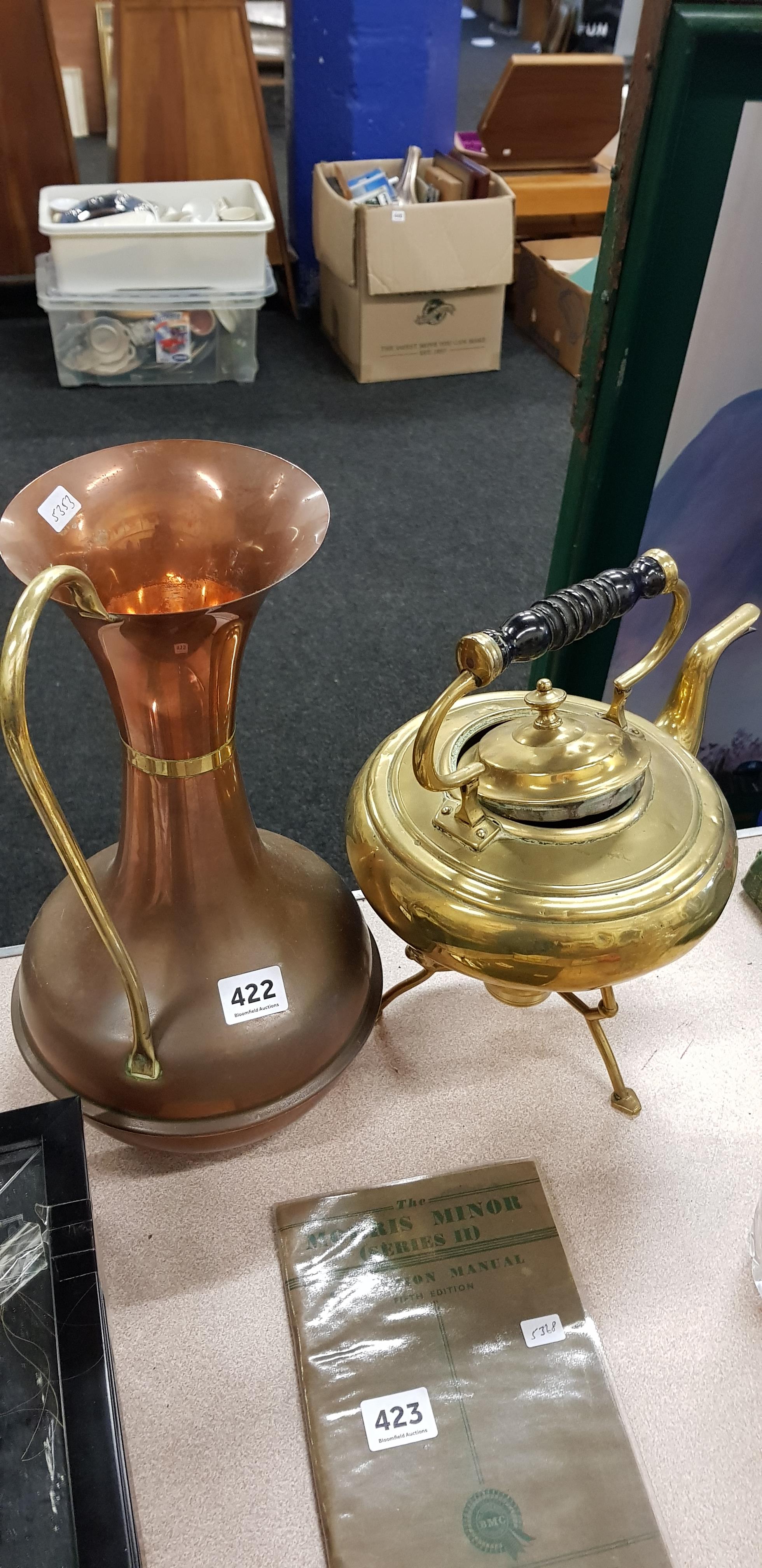 BRASS SPIRIT KETTLE AND COPPER JUG