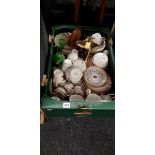 BOX OF COFFEE SETS AND ORNAMENTS