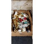 BOX OF COFFEE SETS AND ORNAMENTS