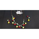 LOVELY VINTAGE CZECH GLASS FLOWER & CHERRY NECKLACE & EARRING SET