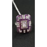 SILVER ART DECO STYLE GEOMETRIC PURPLE ENAMEL & CZ RING