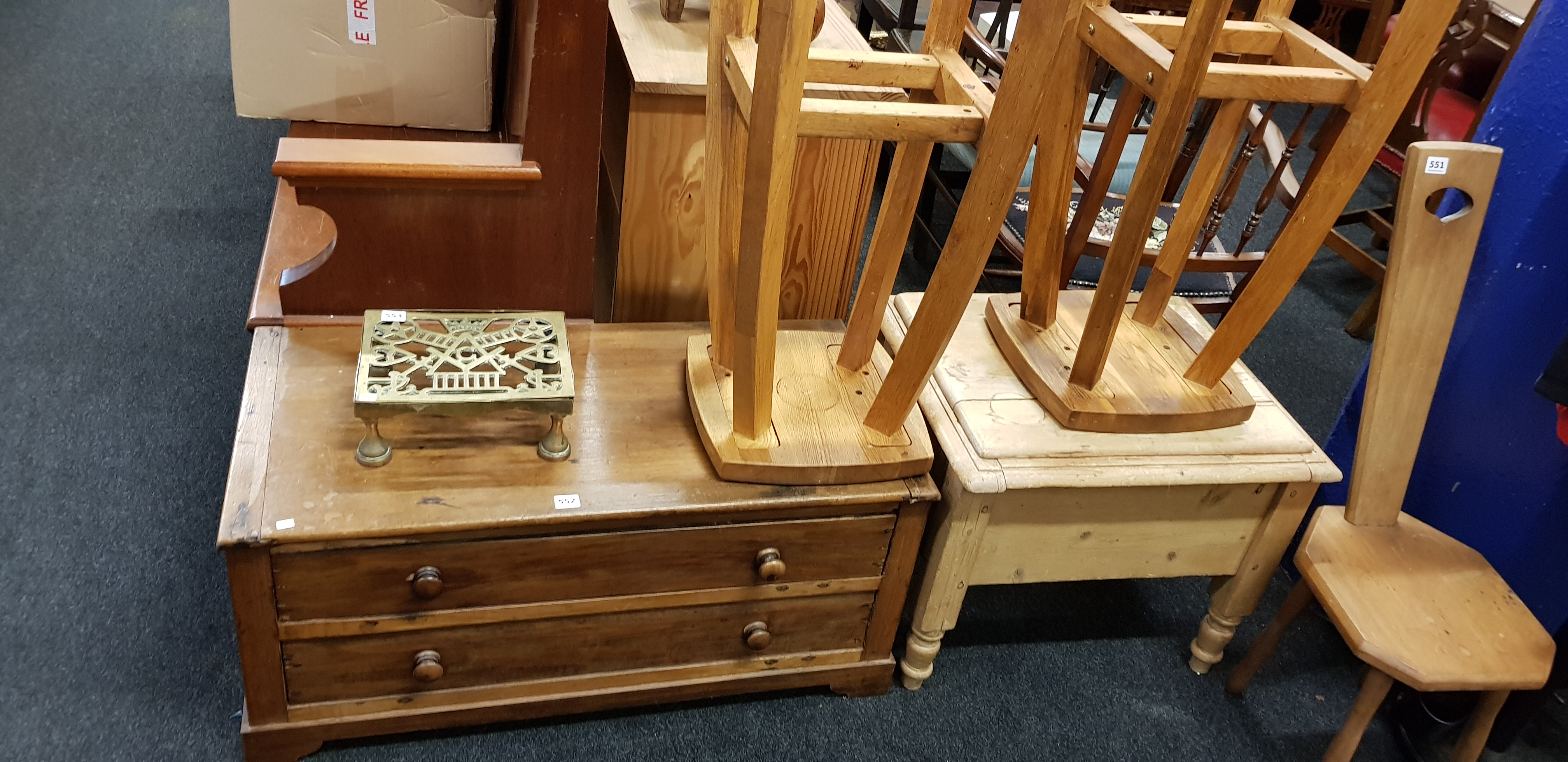 2 HIGH STOOLS, PINE COMMODE AND DRAWERS