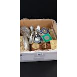 SMALL BOX OF SILVER ITEMS, SILVER PLATE, POSTAL SCALES AND COINS